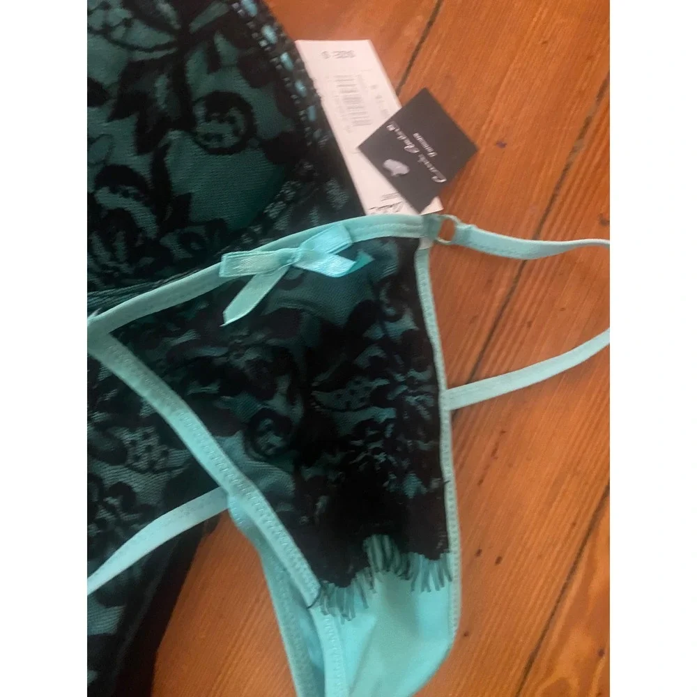 Carrie Amber Intimates Corset Bustier Set Teal Black Lace Ruffle 5086T Small
